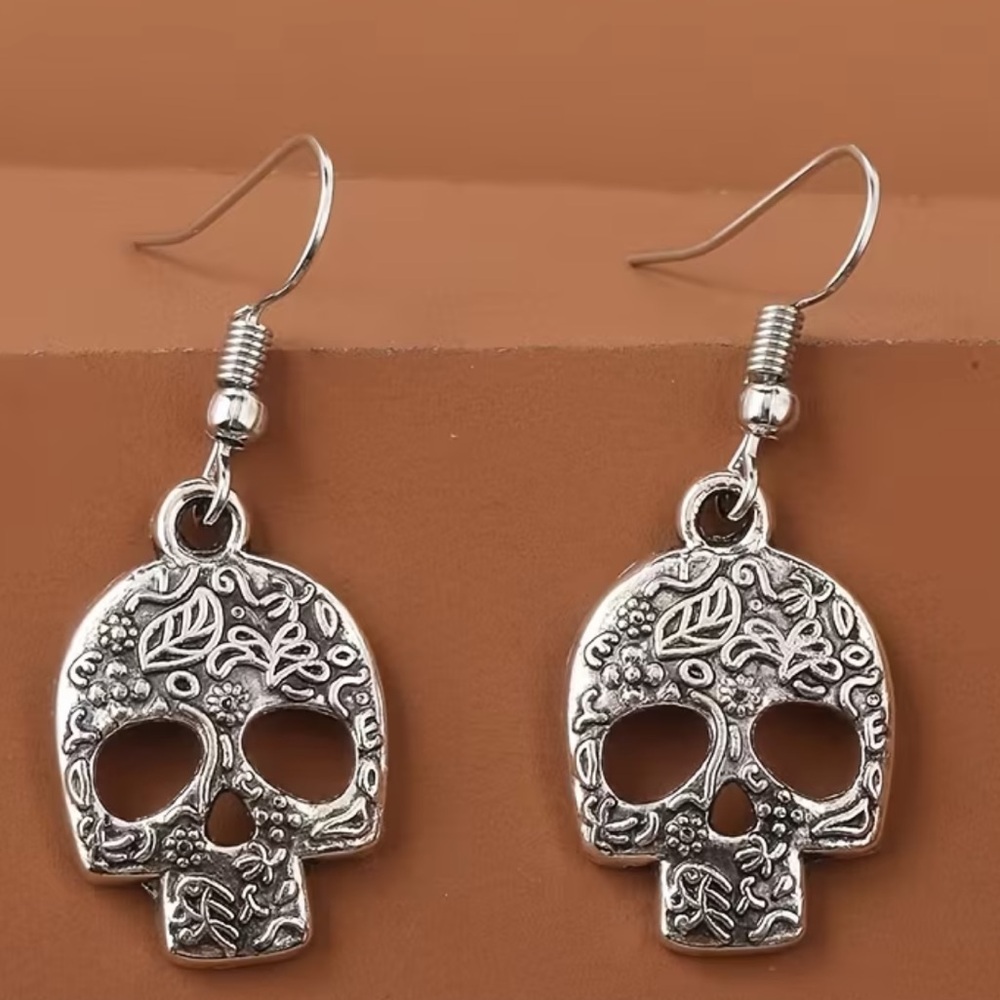 Silver Floral Skull Dangle Earrings - Women's Jewelry